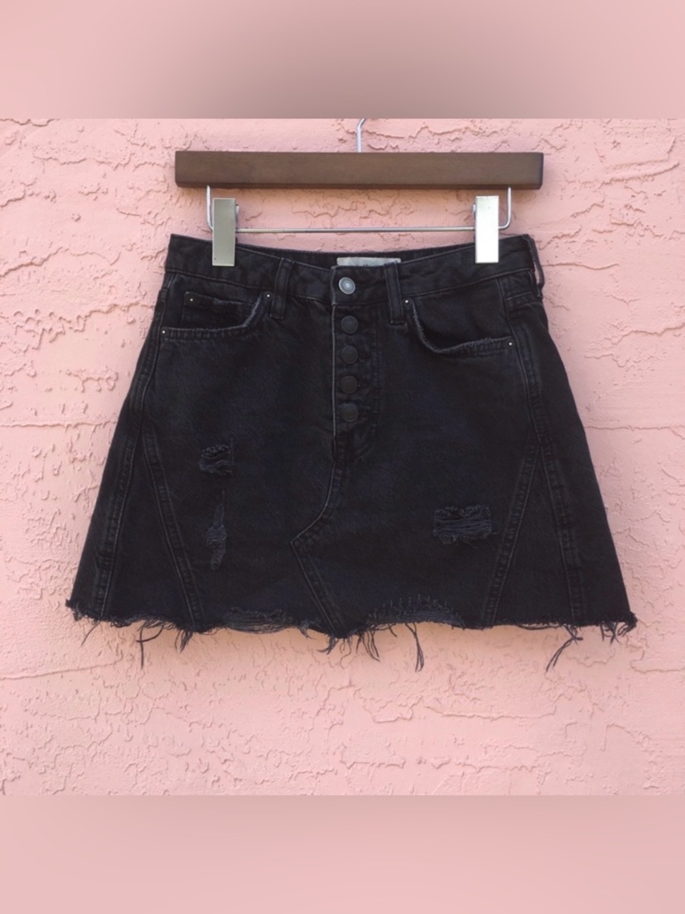 Free People We The Free Black Distressed Denim Micro Mini Skirt Size Small